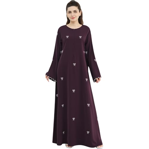 Abaya Dress for Muslim Women Bow Front Zipper Side Pockets Ramadan Eid Robe - color: Wine Red, size: X-Large
