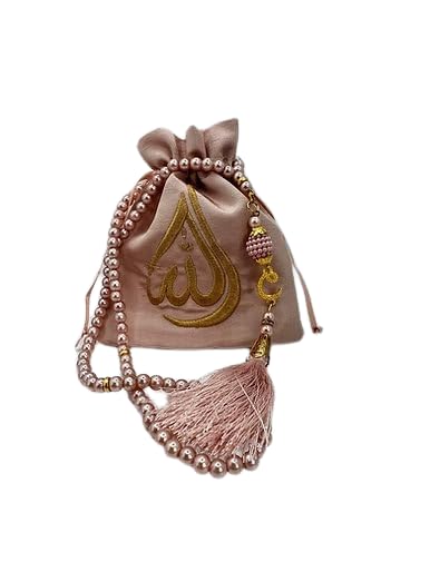ISLAMIC HOLIDAY DECOR Misbaha Prayer Bead Pouch Gift - Premium Quality Tasbeeh Set with Embroidered Allah Pouch Islamic Gift for Eid, Ramadan Mubarak, New Year Muslim New Year (Pink) - color: Pink