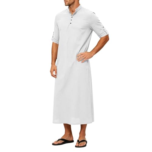 Men's Linen Kaftan Robe Button Down Long Sleeve Henley Collar Cotton Thobe Casual Loose Fit Stylish Gown Shirts - color: White, size: Medium