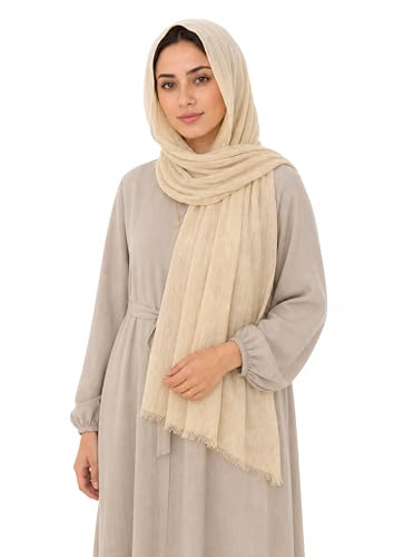 Lightweight Rayon Scarf with Cotton Linen Texture – Breathable Wrinkle Hijab, Vintage Dyed Wrap Shawl - color: Cream