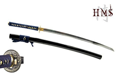 Hand Forged 1045 Carbon Steel Blue Dragon Katana Full Tang Sword | hand-sharpened for tameshigiri, bo-hi groove, openwork guard, navy ito wrap, black saya