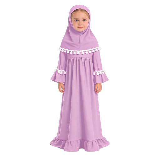 Muslim Prayer Dress 2 Piece Set Baby Toddler Long Sleeve Abaya with Hijab Islamic Scarf Kaftan Robe Ramadan Outfit - color: Purple, size: 6-7 Years
