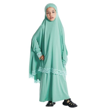 IBTOM CASTLE Little Girls Muslim Prayer Dress Abaya Long Sleeve Full Cover Lace Hijab Kaftan Dubai Islamic Modest Eid Jilbab - color: Green, size: 4-5T