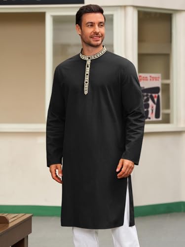 Runcati Mens Cotton Kaftan Robe Long Sleeve Button Down Henley Shirts Thobe Casual Side Split Gown Shirt - color: Black, size: Medium