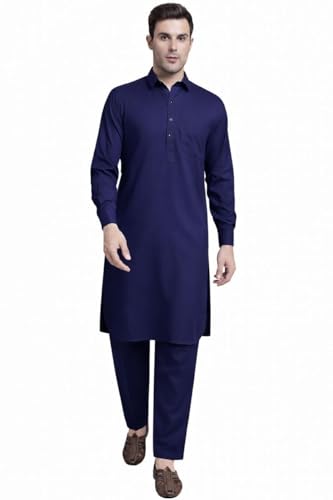 Maple Clothing Punjabi Kurta Pajama Set Mens Pathani Cotton Indian Clothes Bollywood Outfit - color: Navy Blue, size: Small
