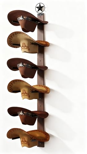 Cowboy Hat Rack for Wall – 3-Piece Western Hat Holder, Rustic Wooden & Metal Wall Mounted Cowboy Hat Organizer, Holds up to 6 Hats, Cowboy Room Decor & Storage Display Rack - color: Rustic Star, size: 6 Hats