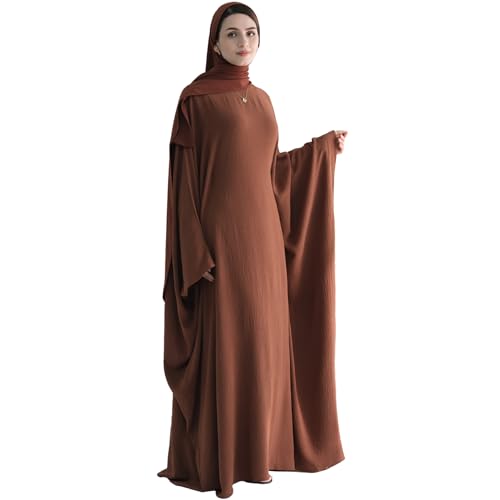 Muslim Abaya Dress Women Middle East Arabian Prayer Robe Batwing Maxi Kaftan Abaya Dress with Hijab - color: Coffee