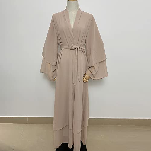 Abayas for Women Muslim Dubai Dress Solid Loose Fit Long Cardigan Islamic Kaftan Robe Open Front Maxi Length - color: Khaki Set, size: Medium