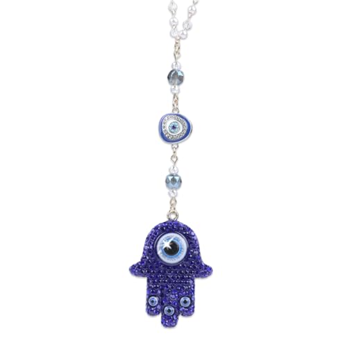 Blue Crystal Hamsa Hand Evil Eye Car Mirror Charm Ornament | Blue Crystal Hamsa Hand Evil Eye Beaded Chain Rearview Mirror Charm, Spiritual Protection Lucky Car Decor For Women Men - color: Blue