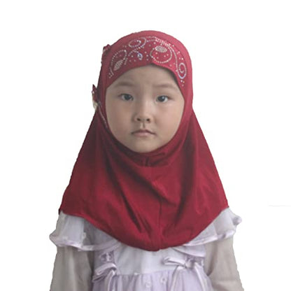 Instant Hijab for Kids Girls Hijabs Muslim Islamic Head Scarf with Rhinestone and Flowers - color: Red