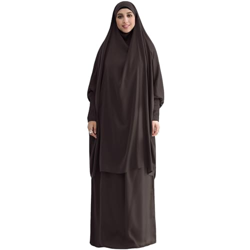 Muslim Women Abaya Two Pieces Set Prayer Dress Elasticated Sleeves Islamic Robe Modest Full Cover Prayer Clothes - color: Brown
