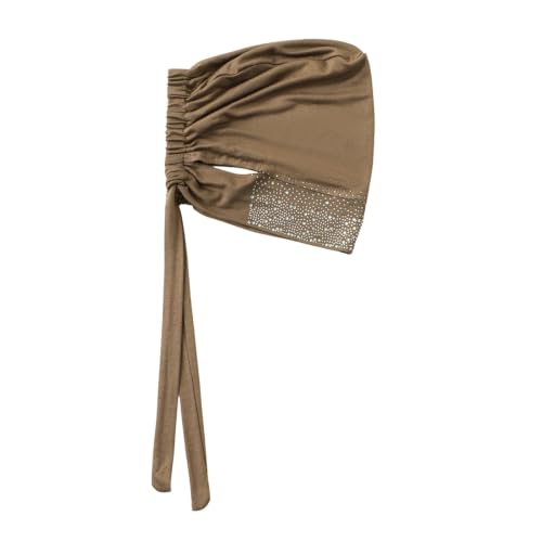 Muslim Hijab Undercap Rhinestone Embellished Turban Head Wrap for Women Jersey Inner Cap with Ear Holes - color: Coffee