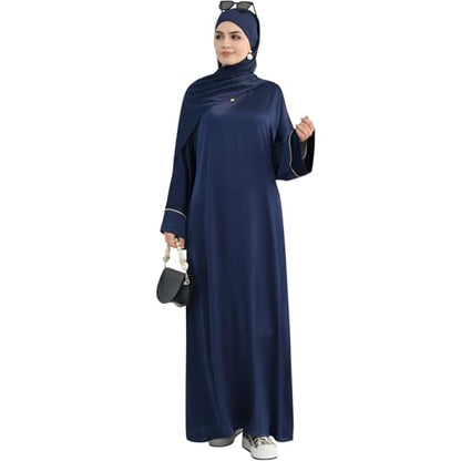 Muslim Praying Dress for Women Silk Glossy Back Zipper Robe Wear Gold Trim Modest Abaya Dress with Hijab - color: Navy, size: Small