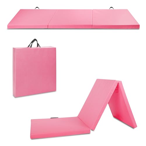 Outroad 6/8/10' Foldable Gymnastics Gym Exercise Aerobics Mat, PU Leather Tumbling Mat with Hook & Loop Fastener for Stretching Yoga Cheerleading Martial Arts - Versatile Fitness Mat for Home Workout - color: Pink 3 folding mat 6' x 2' x 2"