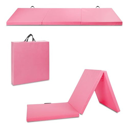Outroad 6/8/10' Foldable Gymnastics Gym Exercise Aerobics Mat, PU Leather Tumbling Mat with Hook & Loop Fastener for Stretching Yoga Cheerleading Martial Arts - Versatile Fitness Mat for Home Workout - color: Pink 3 folding mat 6' x 2' x 2"
