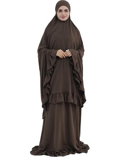 Abaya 2pcs Muslim Prayer Dress Sets with Islamic Hijab Scarf Two-Piece Full Length Dress Plus Size for Ramadan - color: Coffee, size: Large