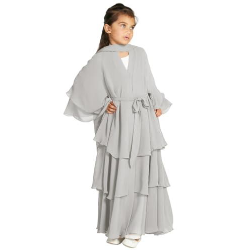 Kids Abayas Dress for Girls Muslim Dress with Hijab Chiffon Layered Islam Kaftan Robe Open Front Cardigan Prayer Dress - color: Light Gray, size: 11-12 Years