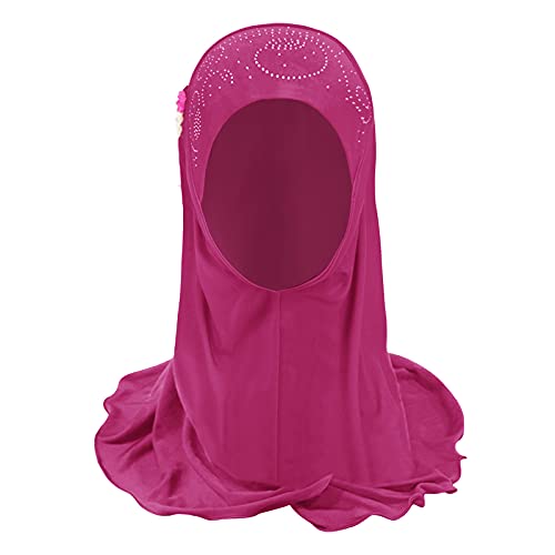 Girls Ice Silk Muslim Khimar Hijab Headscarf Flower Arab Scarf Shawls Neck Wrap Islamic Head Wrap for Age 2-7 Years - color: Style 3-hot Pink
