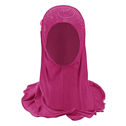 Girls Ice Silk Muslim Khimar Hijab Headscarf Flower Arab Scarf Shawls Neck Wrap Islamic Head Wrap for Age 2-7 Years - color: Style 3-hot Pink