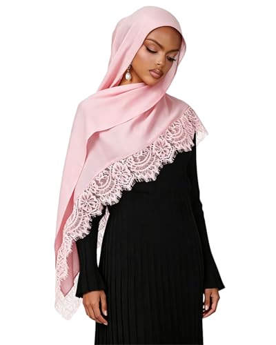 JUMISEE Elegant Floral Lace Hijab Scarf for Women Soft Cotton Head Wrap Instant Hijab Long Scarves Evening Dress Shawl - color: Pink