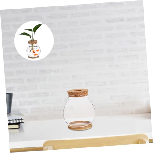 GANAZONO Mini Glass Fish Bowl with Wood Lid, Hydroponic Small Aquarium 10x11cm, Desktop Betta Fish Tank with Mat for Home and Office Decor