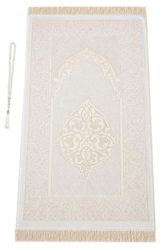 ihvan online Muslim Prayer Rug and Prayer Beads with Elegant Design Cylinder Gift Box, Janamaz, Soft Sajadah, Islamic Gifts Set, Portable Prayers Carpet Mat, Taffeta Fabric, White / Mod2 - color: White/Mod2