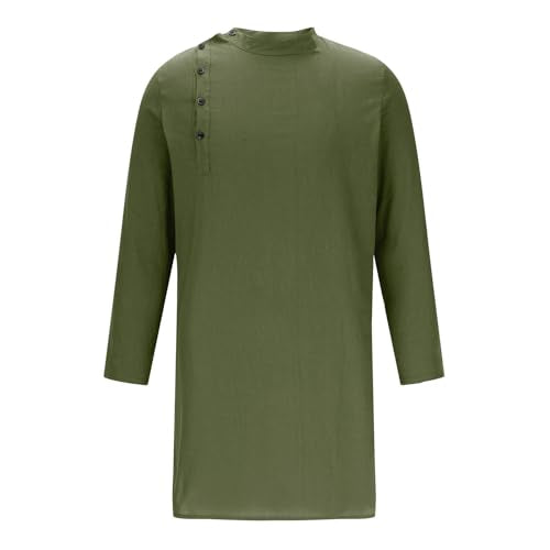 Mens Kaftan Thobe Long Sleeve Stand Collar Side Button Robe Gown Casual Loose Split Cotton Linen Muslim Shirts Top - color: Army Green, size: Medium