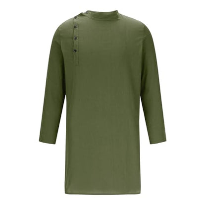Mens Kaftan Thobe Long Sleeve Stand Collar Side Button Robe Gown Casual Loose Split Cotton Linen Muslim Shirts Top - color: Army Green, size: 3X-Large