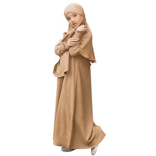 OBEEII Abaya for Girls Muslim Long Sleeve Prayer Dress Ramadan Kaftan Abaya with Hijab Islamic Clothing Arabic Eid Robe - color: Khaki, size: 7-8 Years