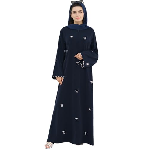 Abaya Dress for Muslim Women Bow Front Zipper Side Pockets Ramadan Eid Robe - color: Navy, size: Small