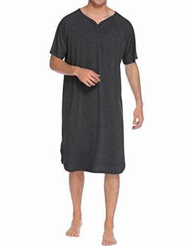 Ekouaer Sleepwear Men's Nightshirt Short Sleeve Pajamas Comfy Big & Tall Henley Sleep Shirt M-XXXL - color: Dark Grey, size: 3X-Large