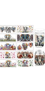 arricraft 10 Sheets UV DTF Cup Wrap Transfer Stickers, 9.45x4.33 Inchs Watercolor Elephant Elephant Mandala Rub on Transfers Decal for 16OZ Glass Cups Furniture Craft Wood DIY Crafts - style: Watercolor Elephant