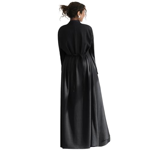 2PCS Women Muslim Abaya Dress Stand Collar Full Coverage Cardigan Dress Set - color: Black, size: X-Large