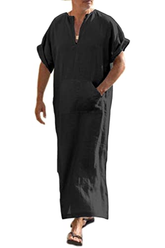 COOFANDY Men's V-Neck Linen Robe Short Sleeve Kaftan Thobe Long Gown Casual Shirt for Beach, Summer - color: Black, size: Medium