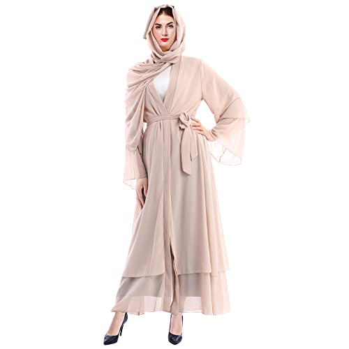 Abayas for Women Muslim Dubai Dress Solid Loose Fit Long Cardigan Islamic Kaftan Robe Open Front Maxi Length - color: Khaki Set, size: Small
