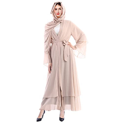Abayas for Women Muslim Dubai Dress Solid Loose Fit Long Cardigan Islamic Kaftan Robe Open Front Maxi Length - color: Khaki Set, size: Large