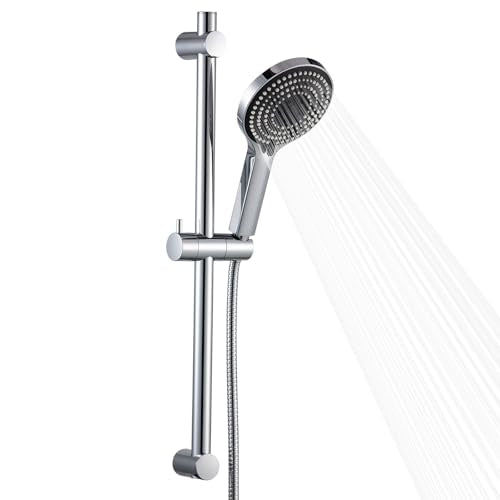 OFFO Shower Slide Bar Combo, Adjustable 23 in Slide Bar with 6-Mode High Pressure Handheld Shower Head and 60 in Stainless Steel Hose, Screw Wall Mounted, Chrome - color: Chrome, style: 23" Slide Bar & 60" Hose