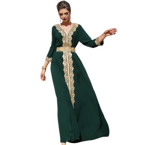 IDOPIP Embroidery Abayas for Women Muslim Moroccan Floral Maxi Kaftan Dress Arabic Islamic Dubai Robe Ramadan Prayer Clothes - color: Green, size: XX-Large