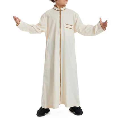 Muslim Abaya Islamic Thobe for Boys Long Sleeve Solid Festive Clothes Teen Kids Cozy Ramadan Prayer Thobe with Pocket - color: Beige, size: 13-14 Years