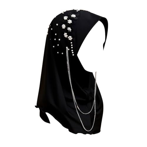 RARITYUS Women Bling Rhinestone Pearl Instant Scarf Muslim Hijab Fashion Shawl Head Wrap Turban Cap with Flower Accent - color: Black