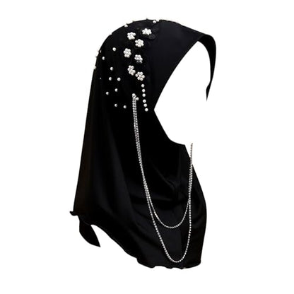 RARITYUS Women Bling Rhinestone Pearl Instant Scarf Muslim Hijab Fashion Shawl Head Wrap Turban Cap with Flower Accent - color: Black