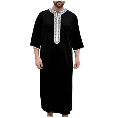 Lmdudan Men Islamic Kaftan Robe - Men's Long Sleeve Dubai Clothes - Men Muslim Robe Eid Muslim Thobe Abaya Robes with Pocket - color: Black, size: Small