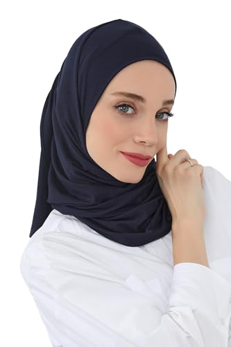 Aisha's Design Neck-Covering Practical Jersey Hijab with Built-In Ninja Bonnet - color: Navy Blue