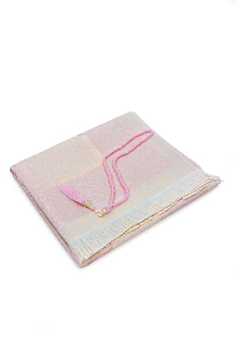 ihvan online Muslim Prayer Rug with 99 Beads Tasbih & Travel Bag, Soft Taffeta Sajadah, Lightweight & Foldable Janamaz, Portable Prayer Mat, Islamic Gift for Eid, Ramadan, Hajj & Umrah, Pink - color: Pink