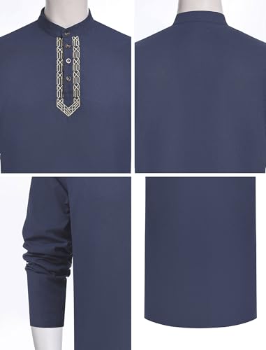 IWEMEK Men Kaftan Robe Button Up Muslim Thobe Long Sleeve Eid Ramadan Abaya Henley Shirts Casual Dubai Islamic Prayer Clothes - color: Navy Blue, size: X-Large