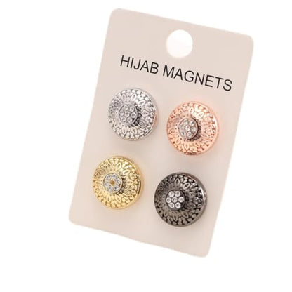4 Pcs Hijab Pins, Metal Grip Fasteners with Rhinestone Decoration, Strong Scarf Brooch for Muslim Cover, Alloy Gold Silver Rose Black, No-Snag Fabric Secure