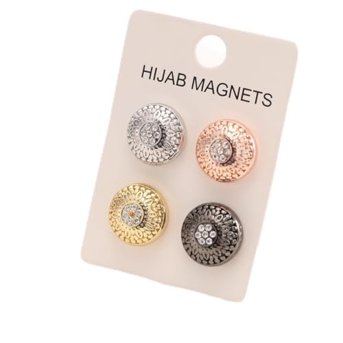 4 Pcs Rhinestone Metal-Adhering Hijab Pins, Strong Scarf Metal-Adhering Fasteners, Alloy Gold Silver Rose Black Decorative Brooches, No-Snag Fabric Fasteners for Scarves, Shawls, Muslim Head Cover