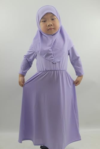 Girls Kids 2 Pcs Muslim Abaya Prayer Dress with Hijab Islamic Headscarf for Girl Robe Ramadan Eid Clothes - color: Lavender, size: Height 150CM-155CM