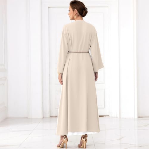 IDOPIP Muslim Abayas for Women Long Sleeve Open Front Cardigan Rhinestone Applique Islamic Dubai Maxi Kaftan Dress with Belt - color: Champagne, size: XX-Large