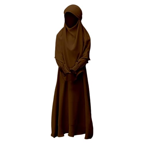 Kids Girls Muslim Abaya Dress Plain Cotton Islamic Prayer Dress with Hijab Toddler Traditional Ramadan Muslim Dresses - color: Coffee, size: 5-6 Years
